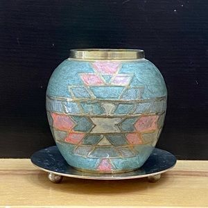 Vintage Brass Enameled Southwestern Style 3.25” Vase with Stand